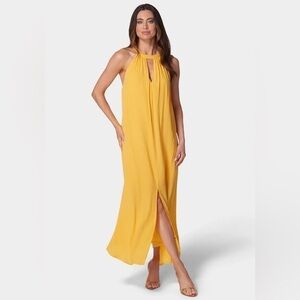 Bebe Strappy Trapeze Back Front Slit Yellow Maxi Dress